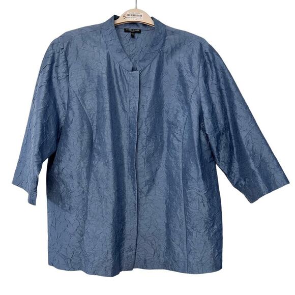 Eileen Fisher Woman Crinkled Silk Top Blue Mandarin Collar 3/4 Sleeve 1X - Picture 2 of 15